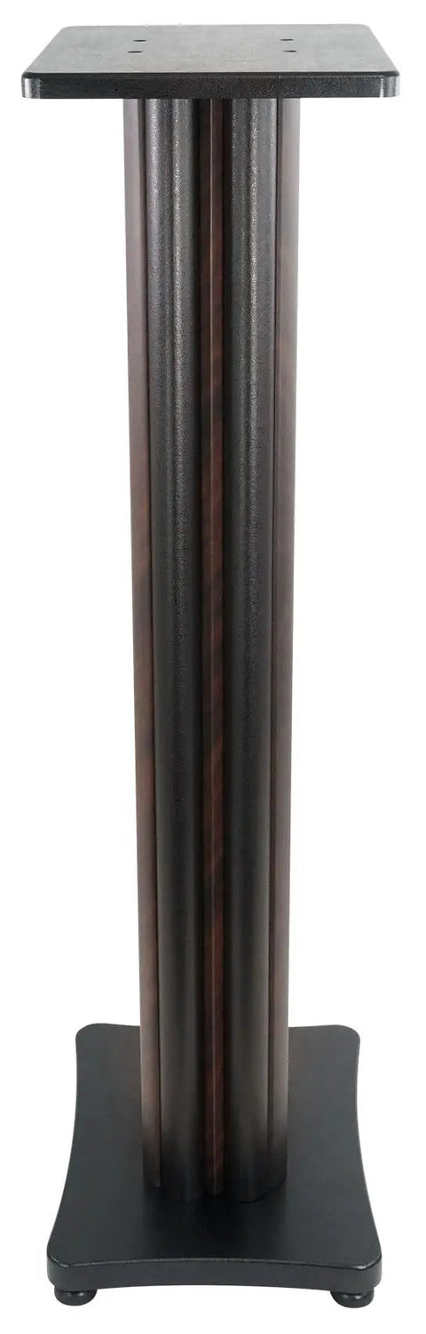 Pair 36 Inch Speaker Stands Built To Last With 100 Lb Capacity, Fixed Height, Wide Base, Dark Wood Grain Finish, Front View