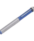 Heavy Duty Flush Trim Router Bit With Carbide Cutter And Top Bearing Guide For Smooth Woodworking Trimming And Chamfering Tasks Using 1/4 Inch Shank Tool, with blue coating and silver shaft.