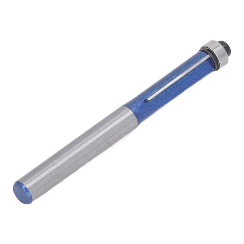 Heavy Duty Flush Trim Router Bit With Carbide Cutter And Top Bearing Guide For Smooth Woodworking Trimming And Chamfering Tasks Using 1/4 Inch Shank Tool, with blue coating and silver shaft.