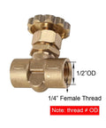 Brass needle valve with 1/4 inch female thread and knurled adjustment knob