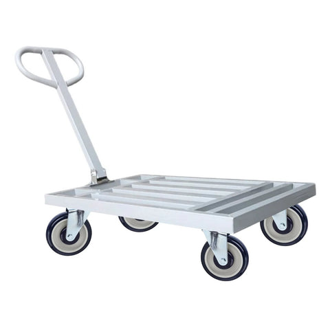 Platform cart on four wheels, showcasing where Four Pack 5 Inch Shopping Cart Replacement Wheels With Threaded Stem Casters would fit.