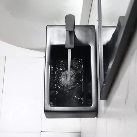 18 Inch Corner Bathroom Sink With Matte Black Faucet Ultra Space Saver Wall Mount Vessel Sink Porcelain Ceramic Basin