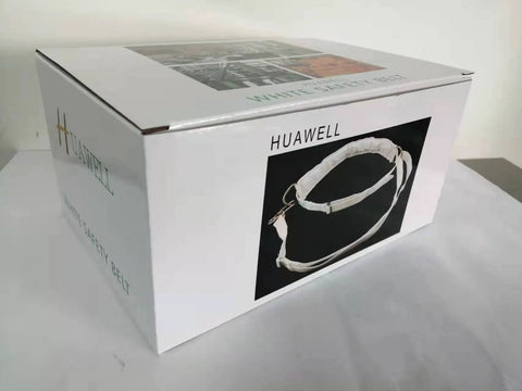 Box displaying Pro Grade Fall Protection Belt With Two Side Adjustable Lanyards For Construction Pole Climbing And Tree Climbing Harness