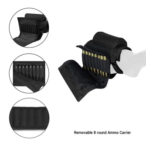 Rifle Cheek Riser With Ambidextrous Shell Holder And Molle Pouch, Adjustable Cheek Pad for various calibers shown