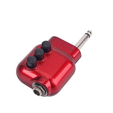 Red compact acoustic guitar preamp with bass treble EQ and volume control, 6.35mm plug for guitar amps and home stereo use