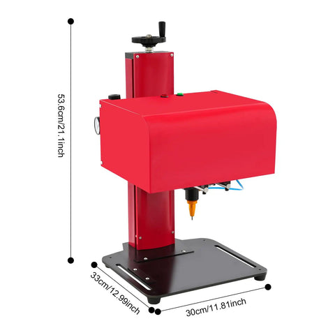 Boss Level Pneumatic Dot Peen Marking Machine Running Tight As A Drum With Deep Carving Power For Everyday Metalwork and Garage Builds Across A Heavy Duty Two Hundred By One Thirty Millimeter Work Table, showing red body and precision tip.