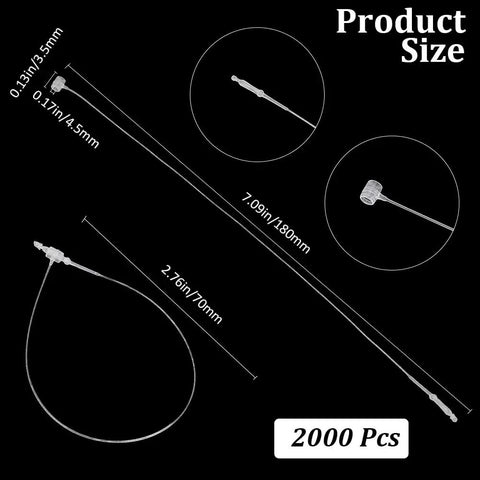 2000 Piece Pack Of Clear Security Plastic Tags Featuring Smooth Snap Lock Pins For Retail Clothing And Merchandise Tamper Proof Hang Tag Loops with size measurements.