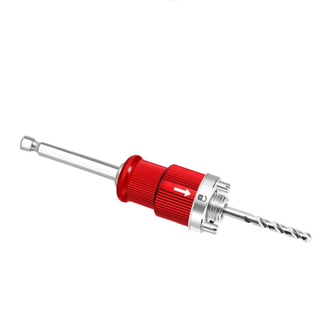 Heavy Duty Manganese Steel Hole Saw Arbor Adapter With 10mm Hex Shank Quick Swap Shaft showing red grip and twist ejection design.