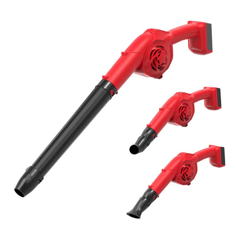 M18 Battery Compatible Cordless Leaf Blower With 320 CFM Airflow And 180 MPH Wind shown in three angles, battery slot visible