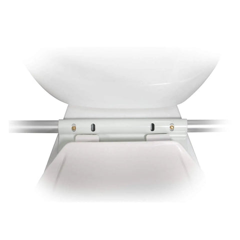 Close-up of Top Shelf White Bathroom Grab Bar, showing padded aluminum arms for secure elder support installation.