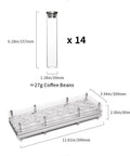 Single Dose Coffee Bean Storage Tubes, Glass And Aluminum Vials in fourteen piece set with clear acrylic organizer and dimensions.