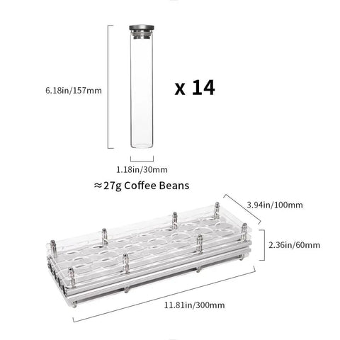 Single Dose Coffee Bean Storage Tubes, Glass And Aluminum Vials in fourteen piece set with clear acrylic organizer and dimensions.