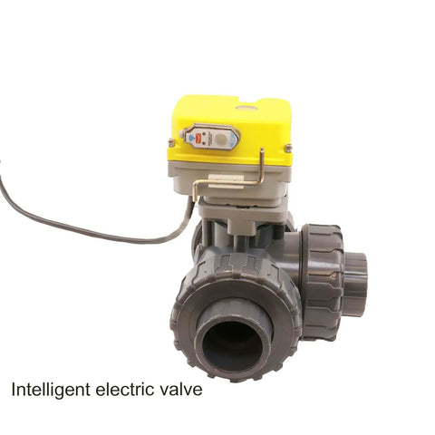 3 Way PVC Electric Ball Valve With WiFi Remote, App Timed Control, 110V-230V, L Type Water Diverter, DN50 2 Inch, Plug And Play Plumbing Valve For Home And Industrial Use, gray PVC body