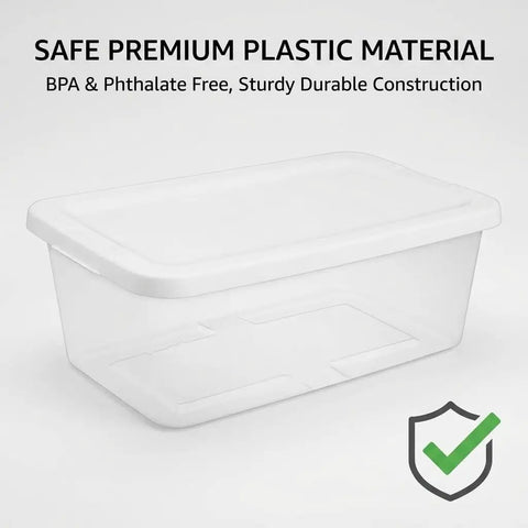 10 Pack Heavy Duty Six Quart Clear Plastic Stackable Storage Bins Featuring Slick Snap On Lids in transparent design.