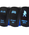 3 Pack Rocker Switch Kit With Laser Sasquatch Lighted Toggle, Blue LED Accent, durable black panel surface close-up