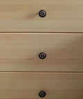 Flower Shape Metal Pull Knob Set In Bronze Tone Cabinet And Drawer Handles 2.5 By 3.5 Cm Installed On Wooden Drawer