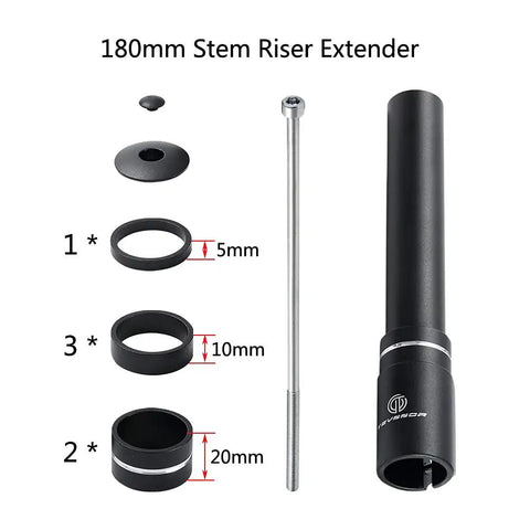 180mm Adjustable Aluminum Bike Stem Riser Extender with spacers for road, mountain, MTB, BMX bikes. Includes bolt and caps.