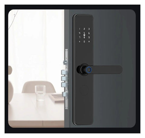 Keyless Entry Smart Lock With Slick Touchscreen Handle And Fingerprint Door Lock Electronic Deadbolt For Front Doors, black finish on door.