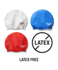Go-To Unisex Silicone Swim Cap For Adults, No-Snag, Latex-Free in white, blue, red, top view with latex-free symbol, comfortable fit