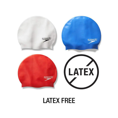 Go-To Unisex Silicone Swim Cap For Adults, No-Snag, Latex-Free in white, blue, red, top view with latex-free symbol, comfortable fit