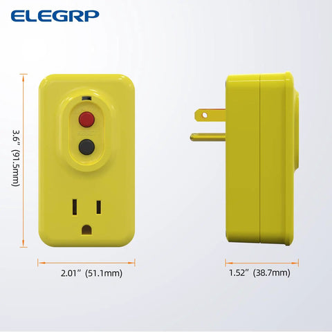 Manual Reset GFCI Outlet Adapter For Indoor Use, 15 Amp Grounded 3-Prong Socket, UL Listed, Yellow, 1 Pack, side and front view