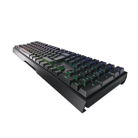 Dope Mechanical Wireless Gaming Keyboard With Fresh MX2A Blue Switches Smooth As Butter Actuation angled view with black chassis