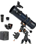 AstroMaster 130EQ-MD Newtonian Reflector Telescope Starter Kit with accessories, motorized drive, equatorial mount, and tripod.