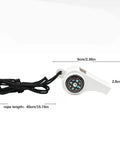 White 3-In-1 Survival Whistle with built-in compass and lanyard, dimensions shown, for hiking, camping, climbing, and trekking.
