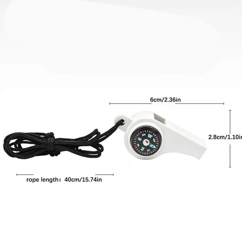 White 3-In-1 Survival Whistle with built-in compass and lanyard, dimensions shown, for hiking, camping, climbing, and trekking.