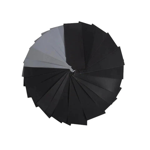 Get Fresh 100 Pc Assorted Wet Dry Sanding Sheets Sized At 9x3 8 Inch, showcased in a circular layout of black and gray sheets.
