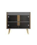 High End Premium Extra Wide Striped Walnut Freestanding Bathroom Vanity Featuring Modern Handless Cabinet Design, front view with sleek black doors and walnut accents.