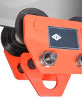 Close-up of Two Ton Push Trolley Beam Trolley 4400 Lbs Capacity Dual Wheels Crane Lift for Garage Hoist adjustable width rail.
