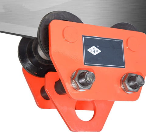Close-up of Two Ton Push Trolley Beam Trolley 4400 Lbs Capacity Dual Wheels Crane Lift for Garage Hoist adjustable width rail.