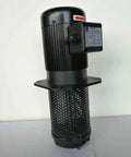 Coolant pump for CNC lathe, 1/2 HP, black motor with perforated metal cage and mounting flange