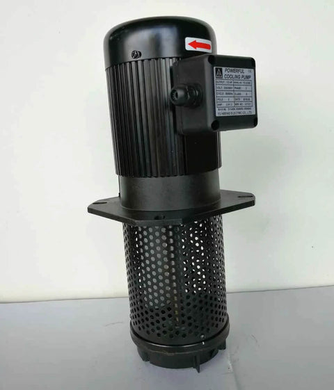 Coolant pump for CNC lathe, 1/2 HP, black motor with perforated metal cage and mounting flange