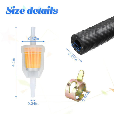 1/4 Inch ID Fuel Line Hose Kit With 6.56 Ft Of Fuel Line, 2 Inline Gas Filters 1/4 Inch X 5/16 Inch, 10 Hose Clamps dimensions