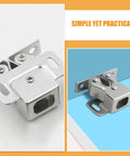 Close-up of Eight Pack Steel Spring Cabinet Door Latches For Closets And Cupboards, metal roller catch hardware shown from two angles