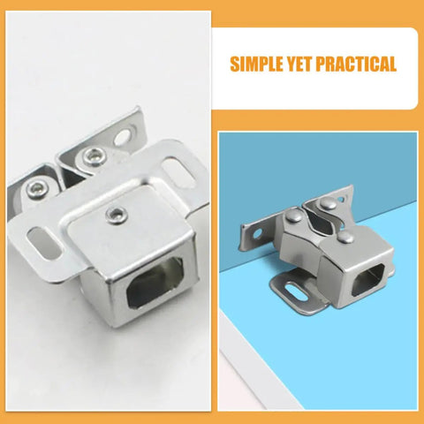 Close-up of Eight Pack Steel Spring Cabinet Door Latches For Closets And Cupboards, metal roller catch hardware shown from two angles