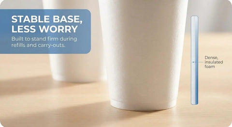 Close-up of 12 Oz Insulated Foam Cups 100 Pack Grab And Go Disposable Coffee Cups with density illustration