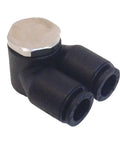 Pro Shop Grade 6Mm To Quarter Inch Composite Push To Connect Fitting With Bspp Twin Banjo, black nylon coupler.