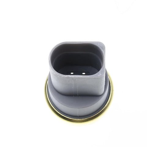 Front view of engine coolant temperature sensor with gray plastic housing, two-pin connector and round sealing ring.