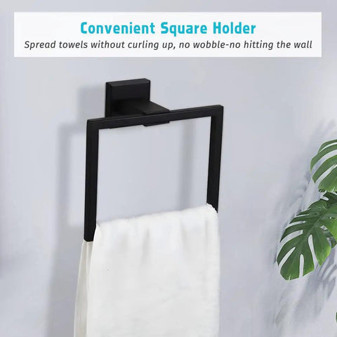Matte Black Dope 4 Piece Bathroom Hardware Set towel holder in use with white towel, SUS304 steel, rust resistant