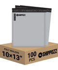 10x13 Poly Mailers 100 Pack Waterproof Self Seal Shipping Bags displayed on cardboard box with mailer details visible