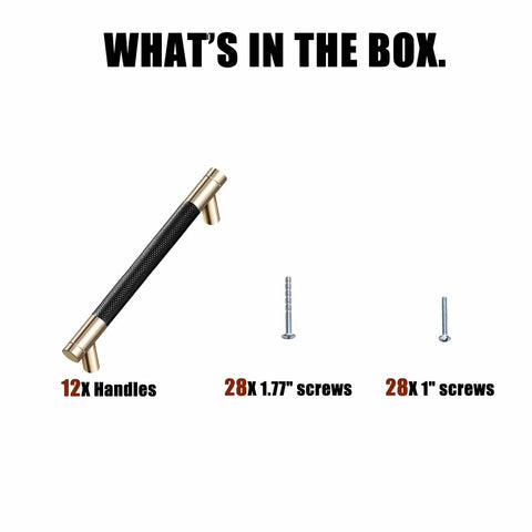 Knurled Aluminum Cabinet Handles Set, 12 Pack, 4 Inch Length, 3 Inch Center, Gold and Black Oxidation Finish with screws