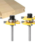 1/4 Inch 6mm Shank Tongue And Groove Router Bit Set With Durable Tungsten Steel Construction And 45 Lock Miter Bit on wooden boards.