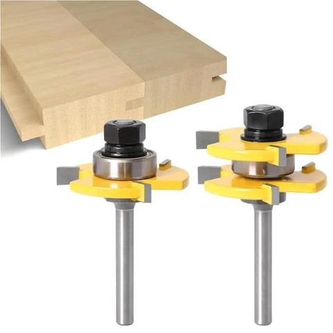 1/4 Inch 6mm Shank Tongue And Groove Router Bit Set With Durable Tungsten Steel Construction And 45 Lock Miter Bit on wooden boards.