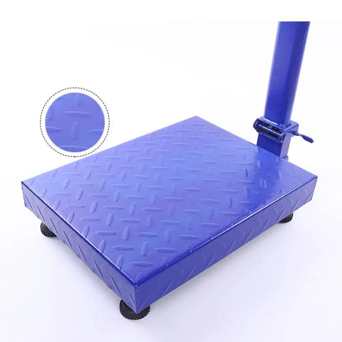 Heavy Duty Digital Floor Scale Waterproof Packing Workhorse For Shipping And Luggage Dead Nuts Accurate Up To Six Hundred Sixty Pounds metal blue platform view.