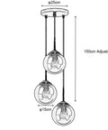 Industrial Retro Loft 3 Way Pendant Light With Glass Globe Lampshades In Amber, Brass Fittings Cluster Chandelier Hanging Lamp Fixture, Adjustable 1.5m Cable, Ceiling Mount, Vintage Modern Vibe For Living Room Or Bar, Size Diagram