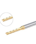 Two Millimeter Titanium-Coated Carbide End Mill For PCB Engraving And Milling, close-up view of cutting edge and shank.