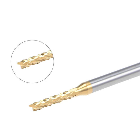 Two Millimeter Titanium-Coated Carbide End Mill For PCB Engraving And Milling, close-up view of cutting edge and shank.